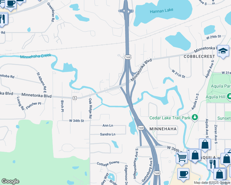map of restaurants, bars, coffee shops, grocery stores, and more near 9731 Minnetonka Boulevard in Minnetonka