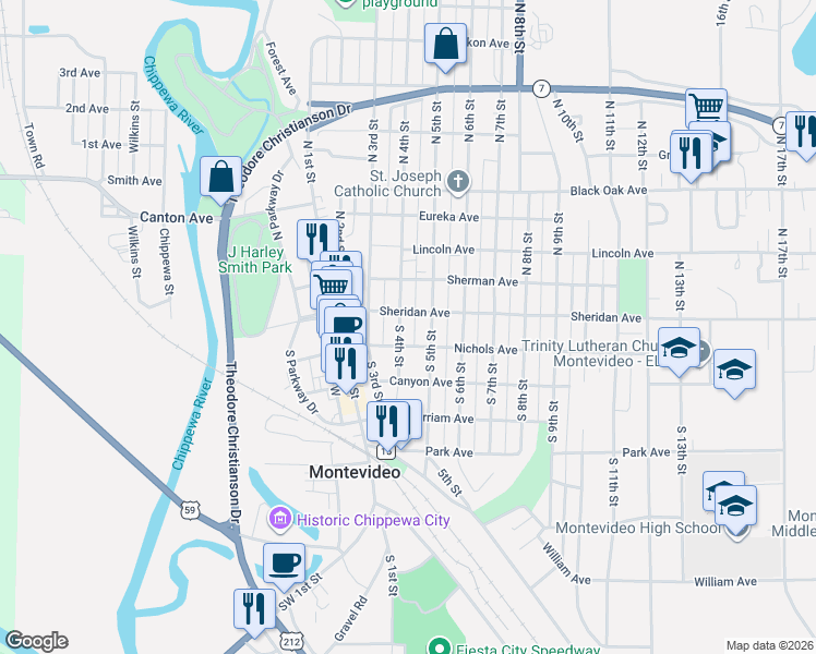 map of restaurants, bars, coffee shops, grocery stores, and more near 205 South 5th Street in Montevideo