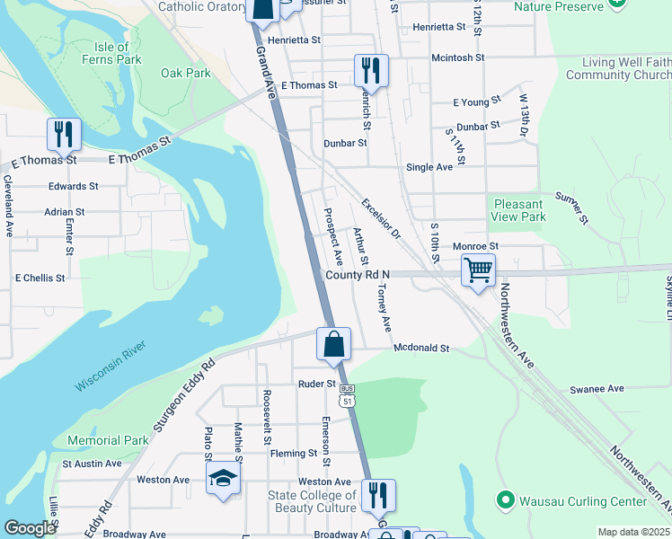 map of restaurants, bars, coffee shops, grocery stores, and more near 1310 Prospect Avenue in Wausau
