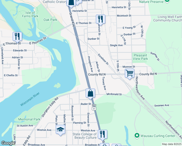 map of restaurants, bars, coffee shops, grocery stores, and more near 1228 Prospect Avenue in Wausau