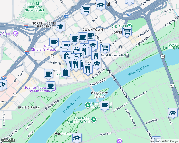map of restaurants, bars, coffee shops, grocery stores, and more near 11 Kellogg Boulevard in Saint Paul