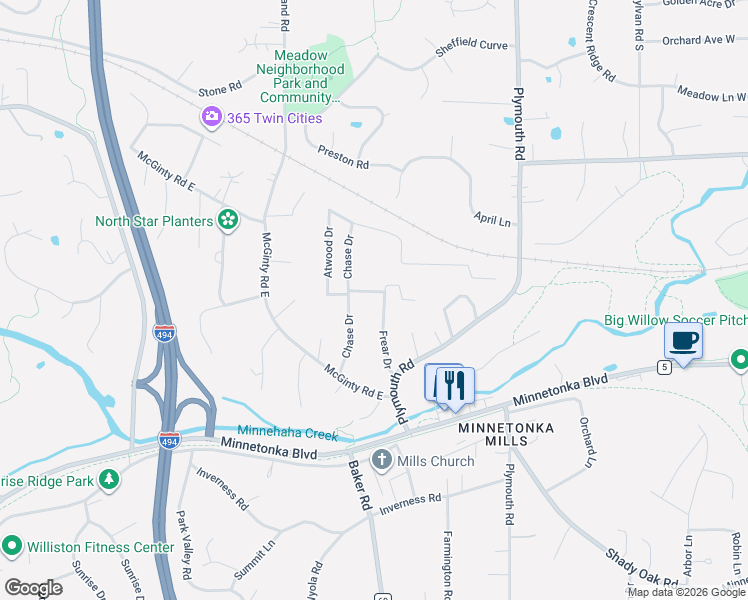 map of restaurants, bars, coffee shops, grocery stores, and more near 3209 Frear Drive in Hopkins