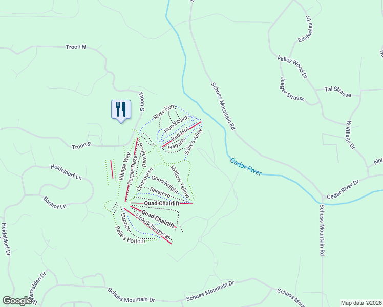 map of restaurants, bars, coffee shops, grocery stores, and more near 2095 North Schuss Mountain Drive in Bellaire