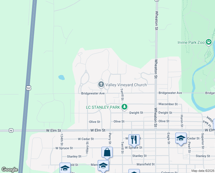 map of restaurants, bars, coffee shops, grocery stores, and more near 1550 Nicholas Lane in Chippewa Falls