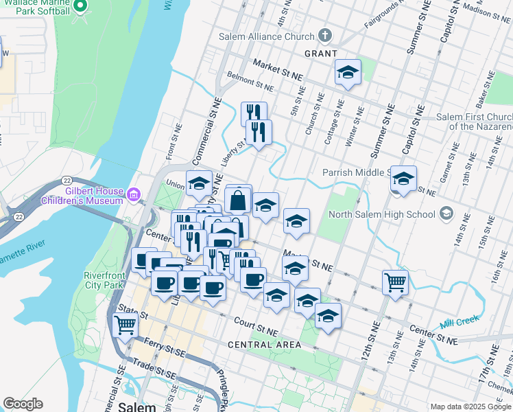 map of restaurants, bars, coffee shops, grocery stores, and more near 590 Union Street Northeast in Salem