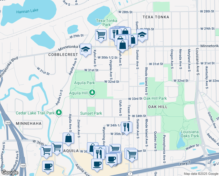 map of restaurants, bars, coffee shops, grocery stores, and more near 3200 Virginia Avenue South in Minneapolis