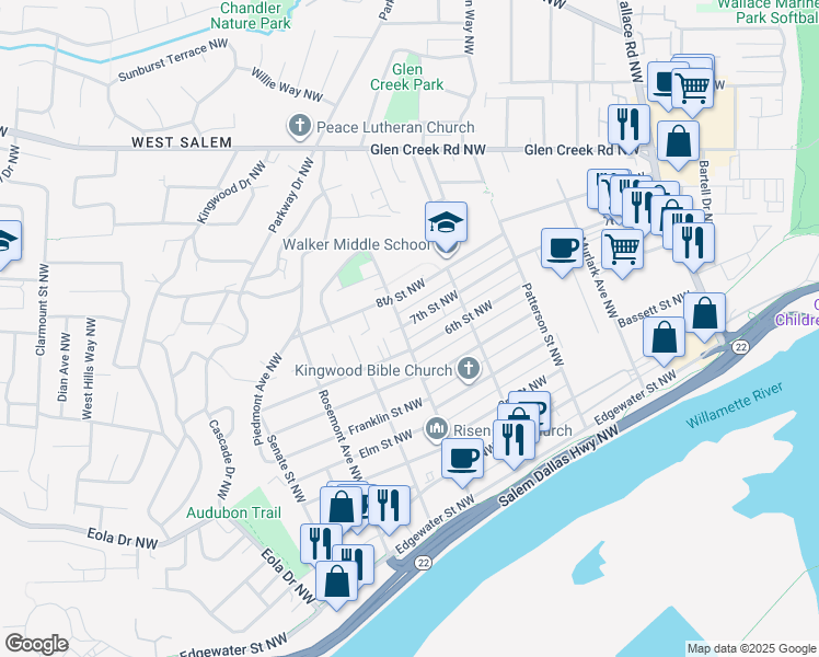 map of restaurants, bars, coffee shops, grocery stores, and more near 1194 7th Street Northwest in Salem
