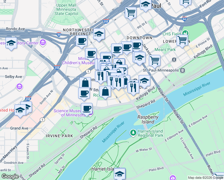 map of restaurants, bars, coffee shops, grocery stores, and more near St Peter St & W 5th St in St Paul
