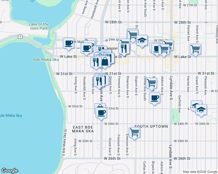 map of restaurants, bars, coffee shops, grocery stores, and more near 3201 Girard Avenue South in Minneapolis