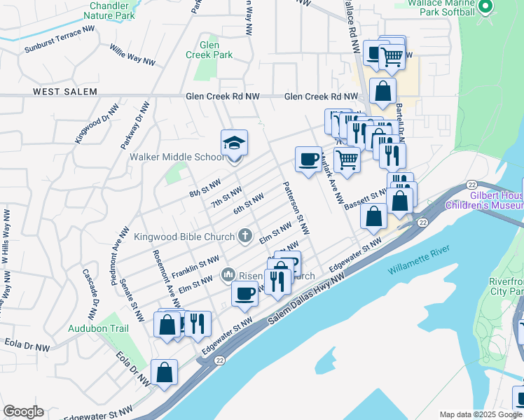 map of restaurants, bars, coffee shops, grocery stores, and more near 475 McNary Avenue Northwest in Salem