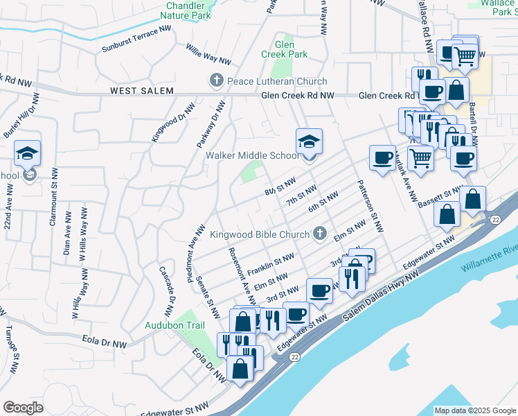 map of restaurants, bars, coffee shops, grocery stores, and more near 1317 6th Street Northwest in Salem