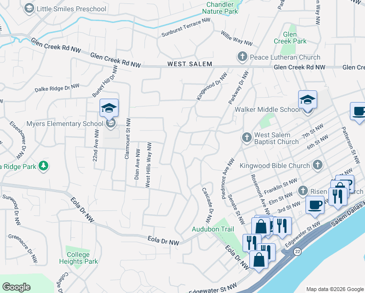 map of restaurants, bars, coffee shops, grocery stores, and more near 750 Hillcrest Drive Northwest in Salem