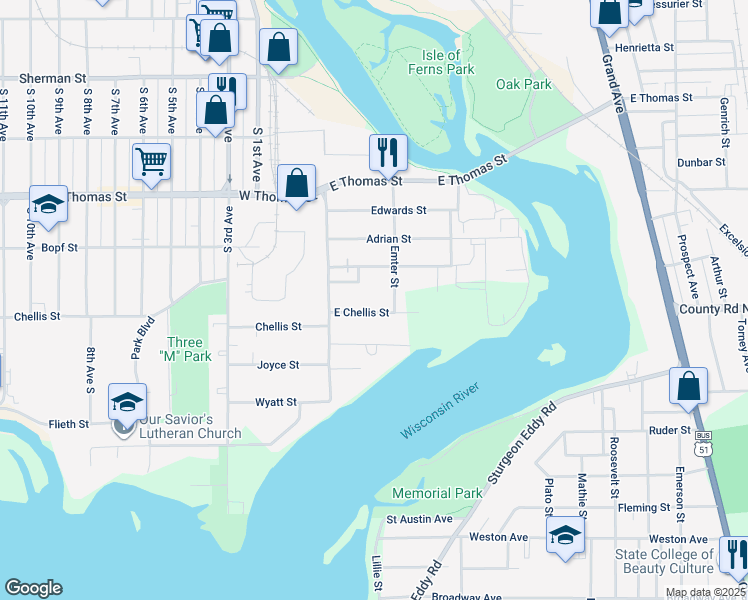 map of restaurants, bars, coffee shops, grocery stores, and more near 123 East Chellis Street in Wausau
