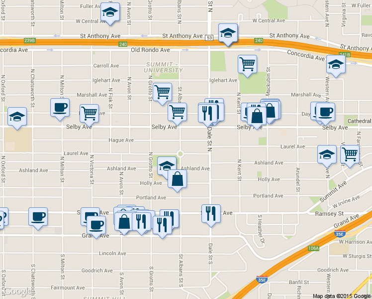 map of restaurants, bars, coffee shops, grocery stores, and more near 110 Saint Albans Street North in Saint Paul