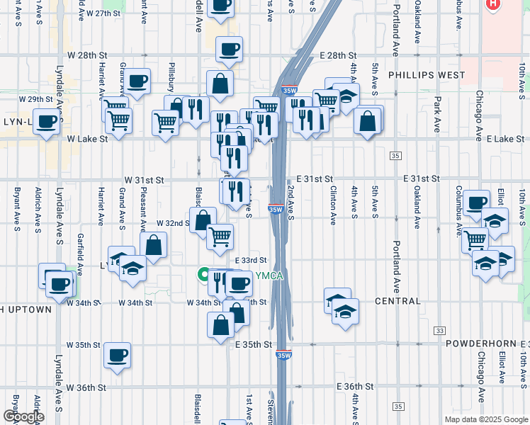map of restaurants, bars, coffee shops, grocery stores, and more near 3231 1st Avenue South in Minneapolis
