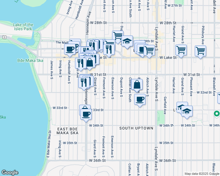 map of restaurants, bars, coffee shops, grocery stores, and more near 3201 Fremont Avenue South in Minneapolis