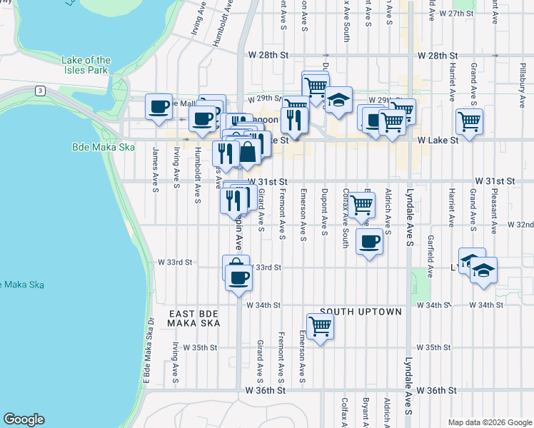 map of restaurants, bars, coffee shops, grocery stores, and more near 3201 Girard Avenue South in Minneapolis