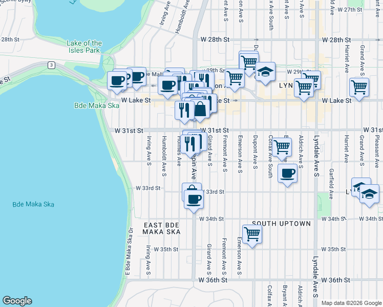 map of restaurants, bars, coffee shops, grocery stores, and more near 3208 Hennepin Avenue in Minneapolis