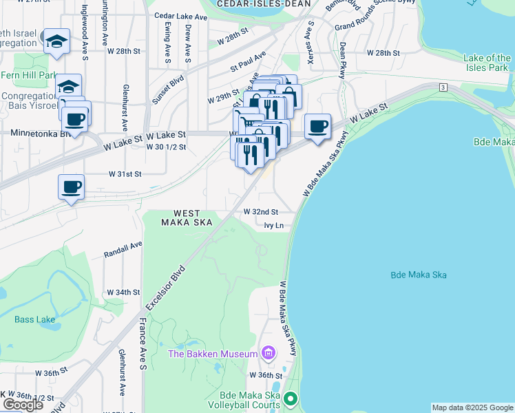 map of restaurants, bars, coffee shops, grocery stores, and more near 3210 Zenith Avenue South in Minneapolis