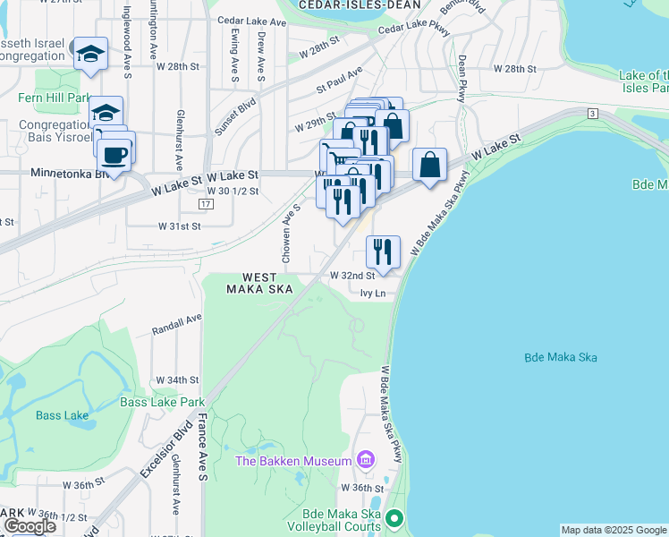 map of restaurants, bars, coffee shops, grocery stores, and more near 3210 Zenith Avenue South in Minneapolis