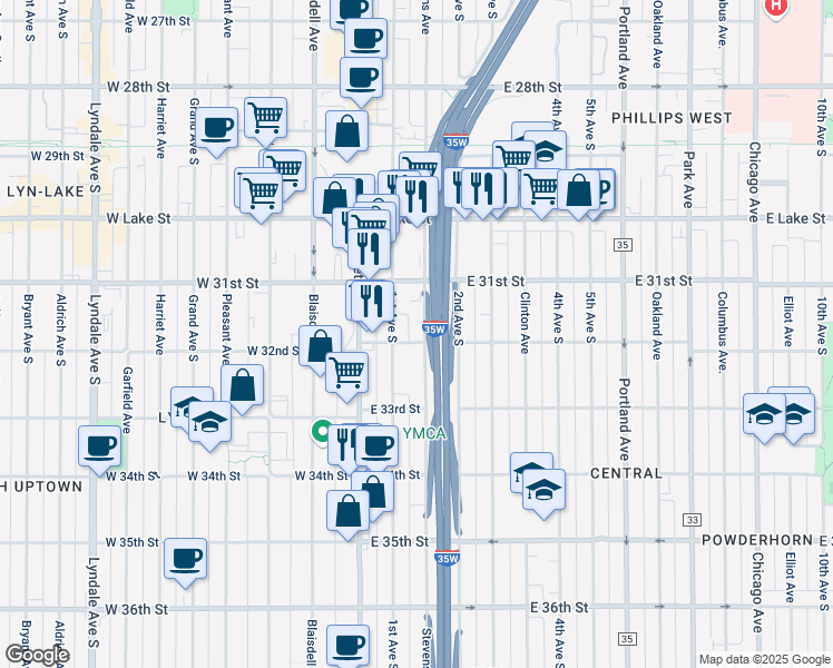 map of restaurants, bars, coffee shops, grocery stores, and more near 116 East 32nd Street in Minneapolis
