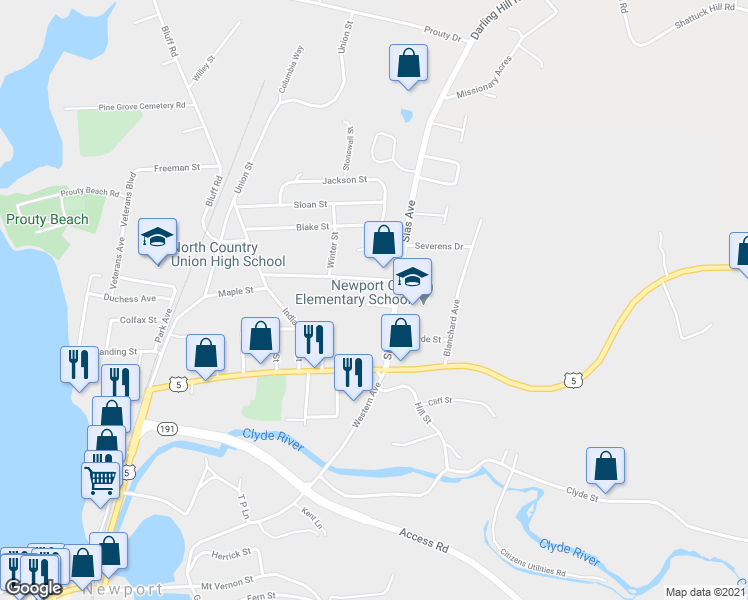 map of restaurants, bars, coffee shops, grocery stores, and more near 46 Birch Lane in Newport