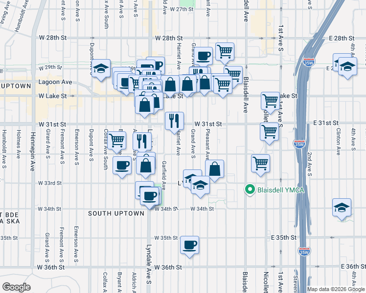 map of restaurants, bars, coffee shops, grocery stores, and more near 413 West 32nd Street in Minneapolis