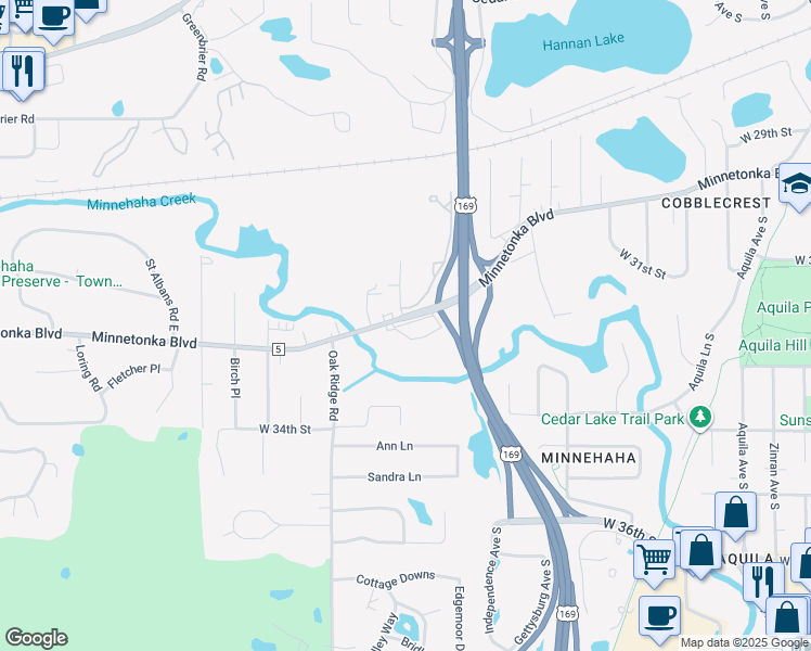 map of restaurants, bars, coffee shops, grocery stores, and more near 9731 Minnetonka Boulevard in Minnetonka