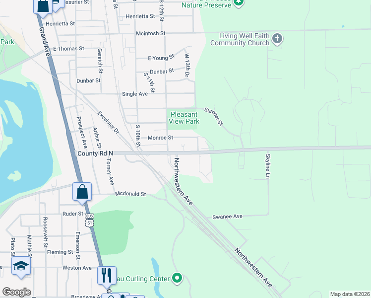 map of restaurants, bars, coffee shops, grocery stores, and more near 1115 Townline Road in Wausau