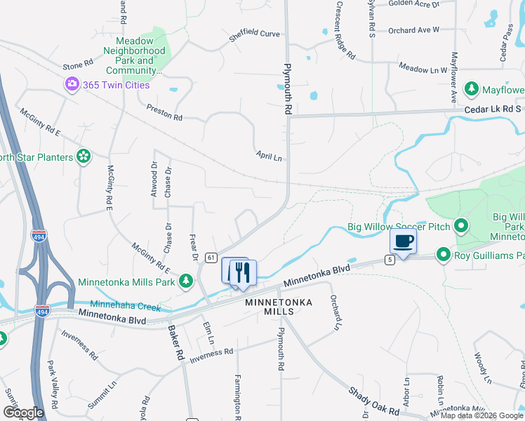 map of restaurants, bars, coffee shops, grocery stores, and more near 3307 Plymouth Road in Hopkins