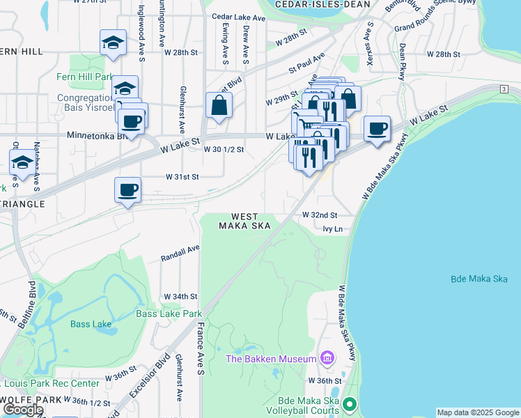 map of restaurants, bars, coffee shops, grocery stores, and more near 3140 Chowen Avenue South in Minneapolis