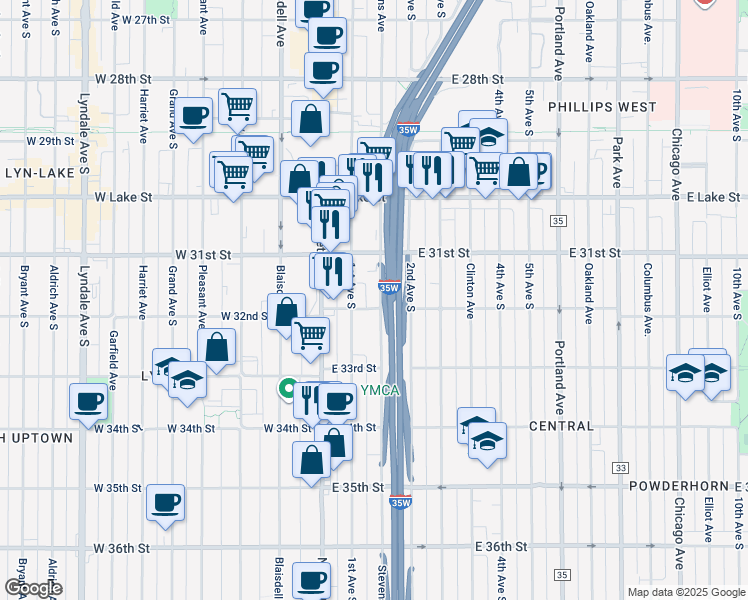 map of restaurants, bars, coffee shops, grocery stores, and more near 116 East 32nd Street in Minneapolis