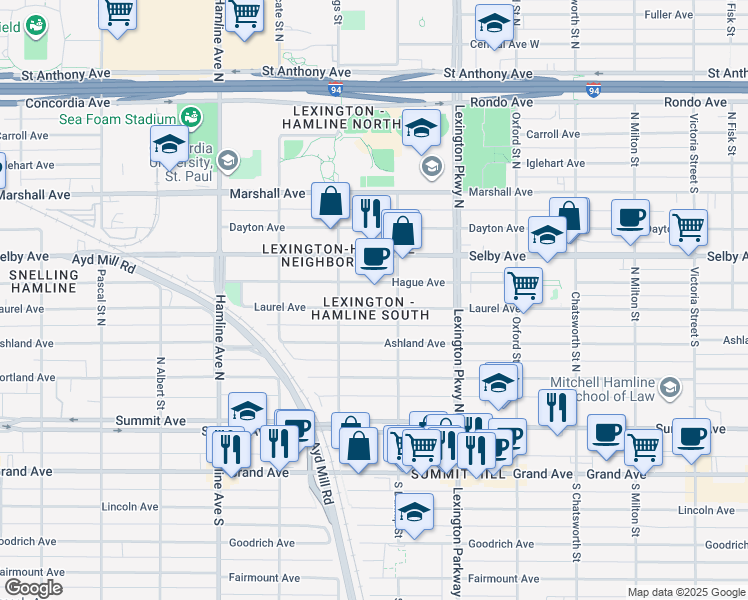 map of restaurants, bars, coffee shops, grocery stores, and more near 1177 Hague Avenue in Saint Paul