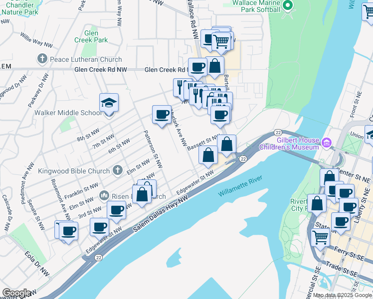 map of restaurants, bars, coffee shops, grocery stores, and more near 800 Bassett Street Northwest in Salem
