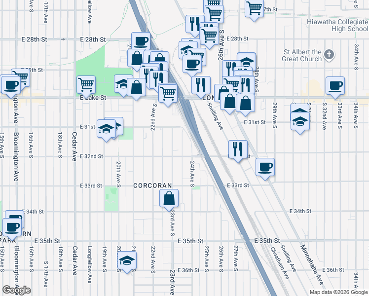 map of restaurants, bars, coffee shops, grocery stores, and more near 2340 East 32nd Street in Minneapolis