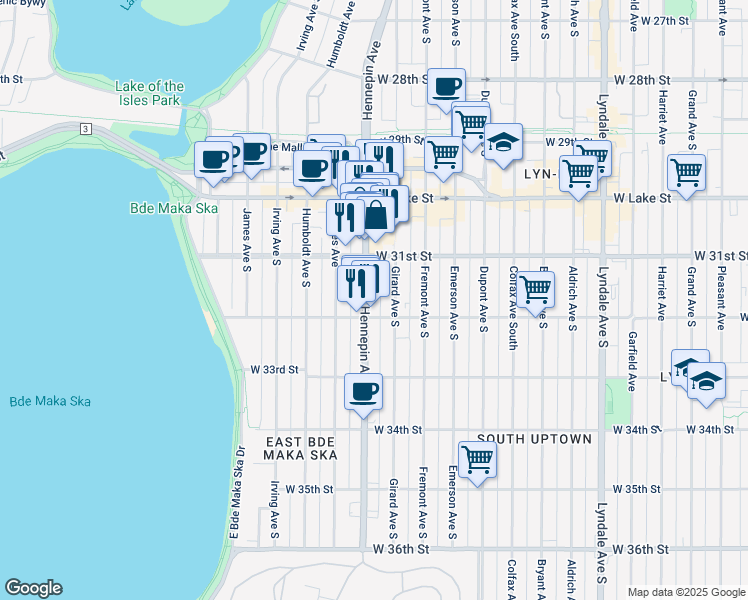 map of restaurants, bars, coffee shops, grocery stores, and more near 3133 Hennepin Avenue in Minneapolis