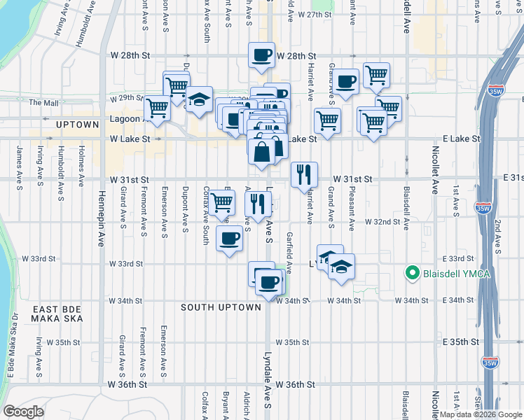 map of restaurants, bars, coffee shops, grocery stores, and more near 3139 Lyndale Avenue South in Minneapolis