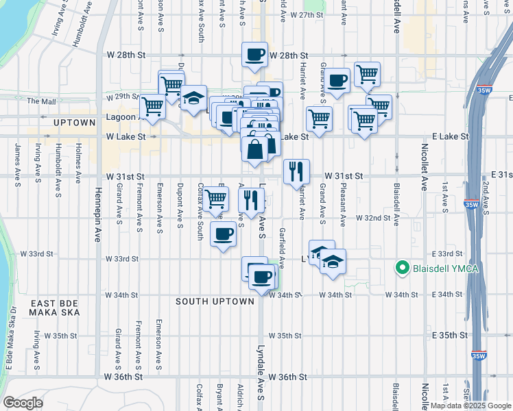 map of restaurants, bars, coffee shops, grocery stores, and more near 3136 Lyndale Avenue South in Minneapolis