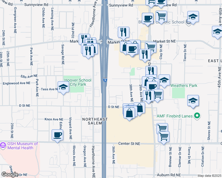 map of restaurants, bars, coffee shops, grocery stores, and more near 3522-3586 Anita Drive Northeast in Salem