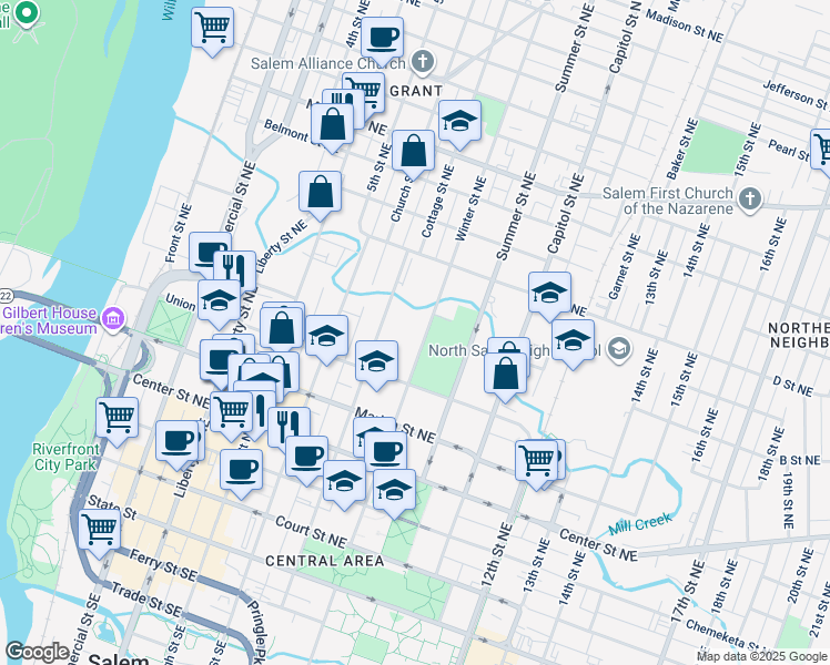 map of restaurants, bars, coffee shops, grocery stores, and more near 770 Cottage Street Northeast in Salem