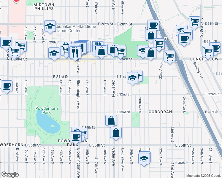 map of restaurants, bars, coffee shops, grocery stores, and more near 3114 Cedar Avenue in Minneapolis