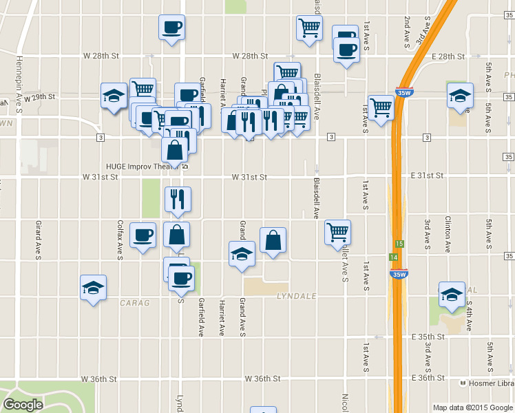 map of restaurants, bars, coffee shops, grocery stores, and more near 3112 Pleasant Avenue in Minneapolis