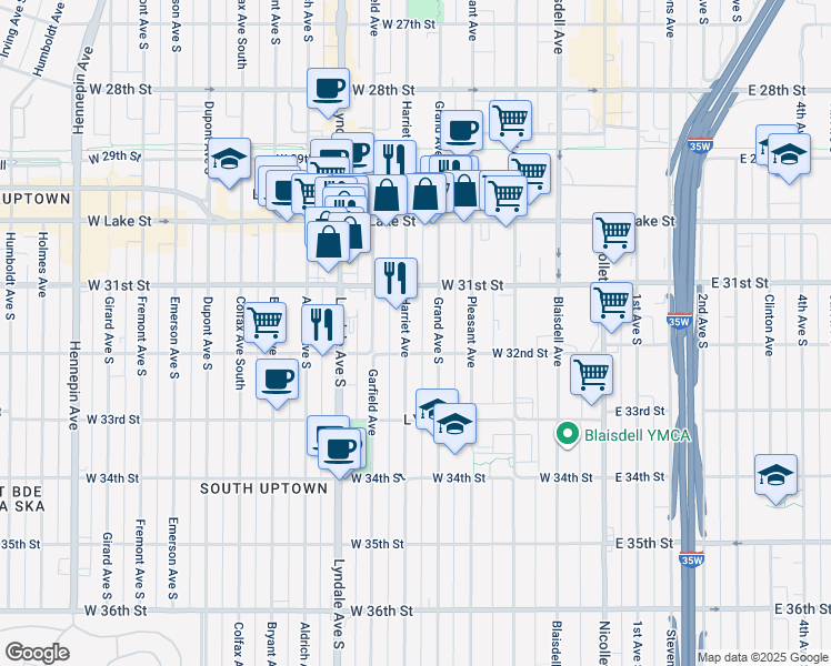 map of restaurants, bars, coffee shops, grocery stores, and more near 3117 Harriet Avenue in Minneapolis