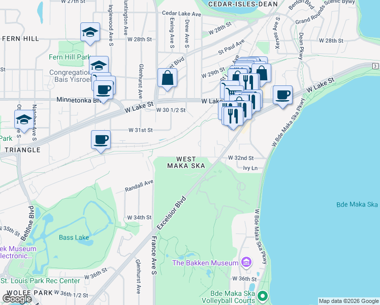 map of restaurants, bars, coffee shops, grocery stores, and more near 3140 Chowen Avenue South in Minneapolis
