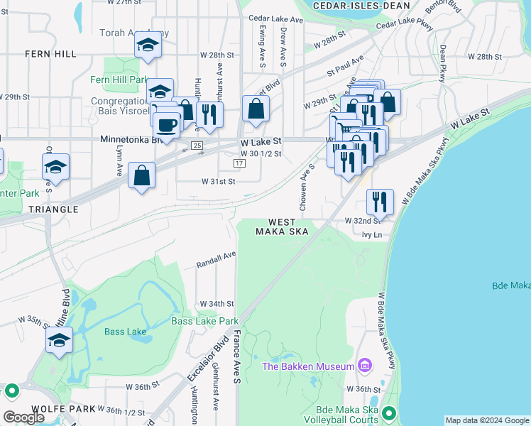 map of restaurants, bars, coffee shops, grocery stores, and more near 3129 Ewing Avenue South in Minneapolis