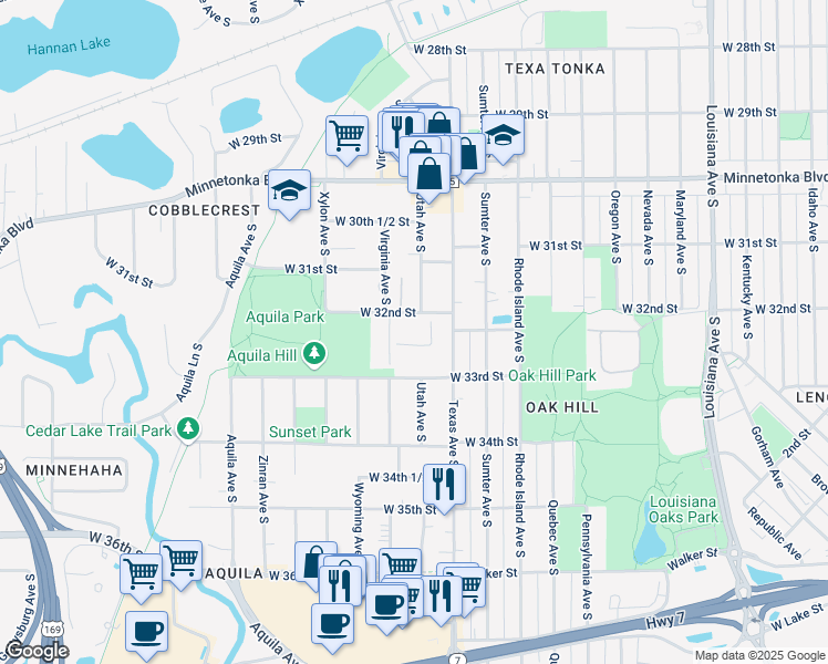 map of restaurants, bars, coffee shops, grocery stores, and more near 3150 Utah Avenue South in Minneapolis