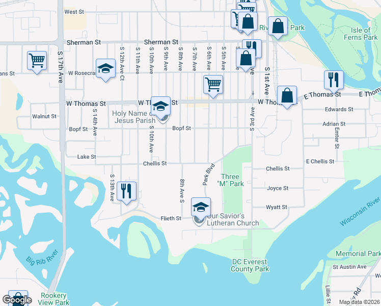 map of restaurants, bars, coffee shops, grocery stores, and more near 1216 South 7th Avenue in Wausau