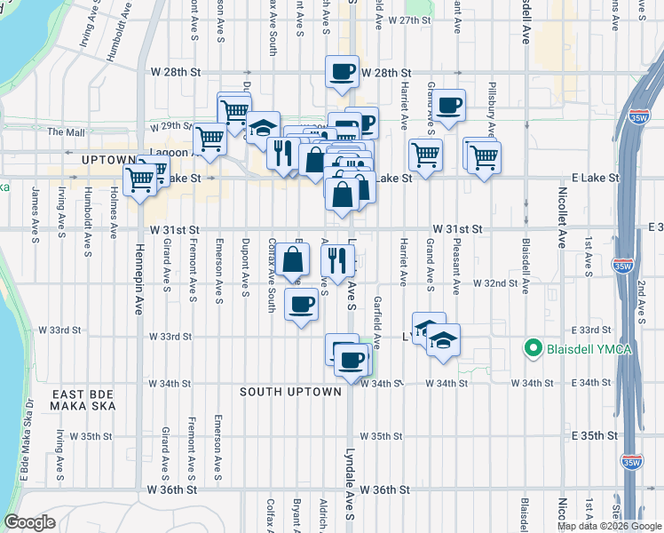 map of restaurants, bars, coffee shops, grocery stores, and more near 3137 Aldrich Avenue South in Minneapolis
