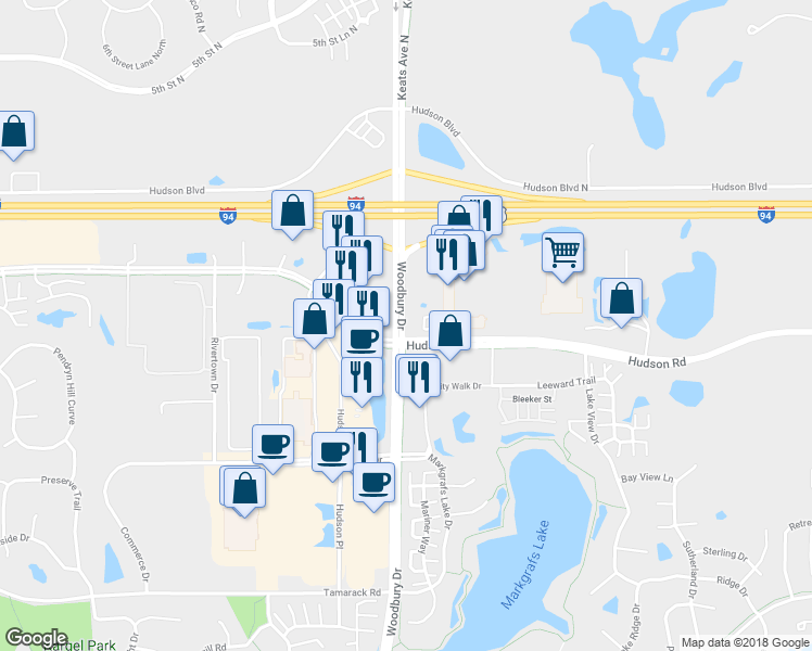 map of restaurants, bars, coffee shops, grocery stores, and more near 10100 Hudson Rd in St Paul