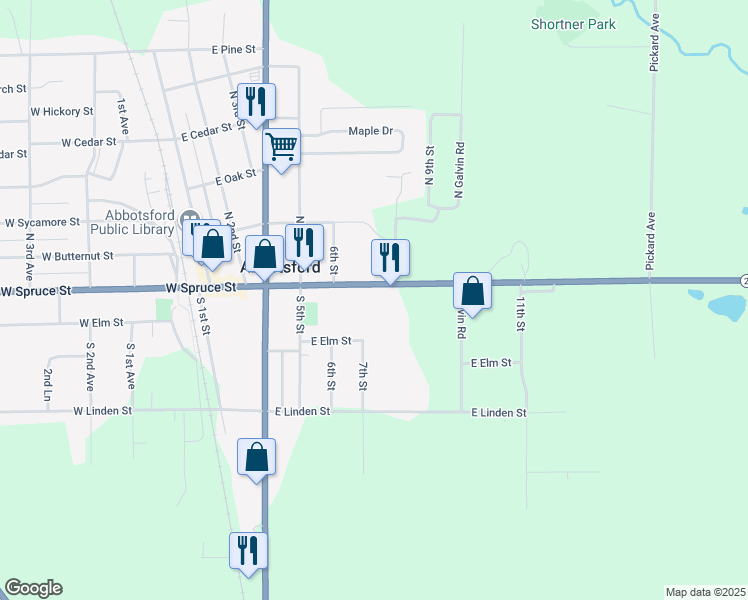map of restaurants, bars, coffee shops, grocery stores, and more near 611 East Spruce Street in Abbotsford